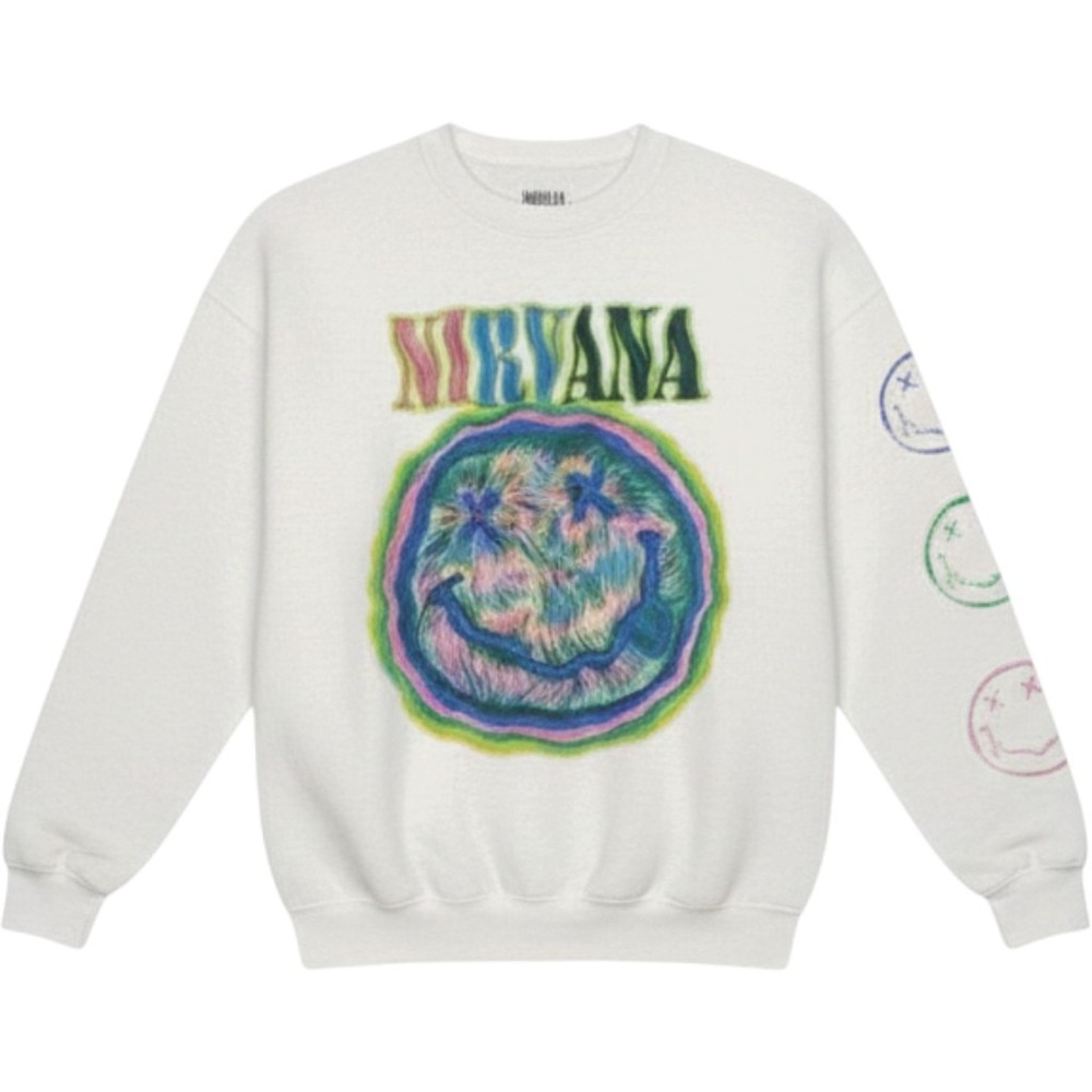 Nirvana Smiley Face Graphic Sweatshirt White Colorful Hand Drawn Style Sz Small